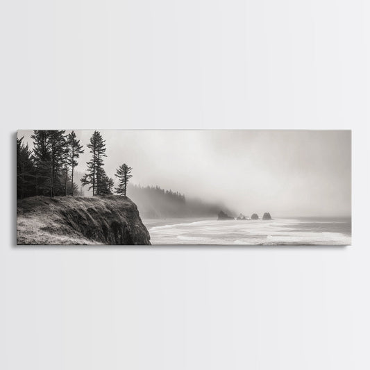 Foggy Pines, Ocean Horizon, Coastal Landscape, Moody Beach Scene, Canvas Print, Bedroom Wall Art, Rustic Cabin Decor, Nature Photography