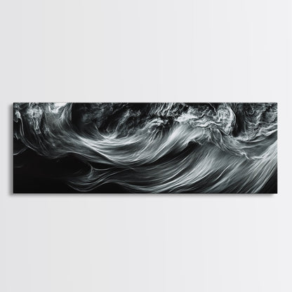 Abstract Ocean Waves, Motion Energy Art, Black and White Fluid Lines, Framed Canvas Print, Modern Wall Art, Minimalist Living Room