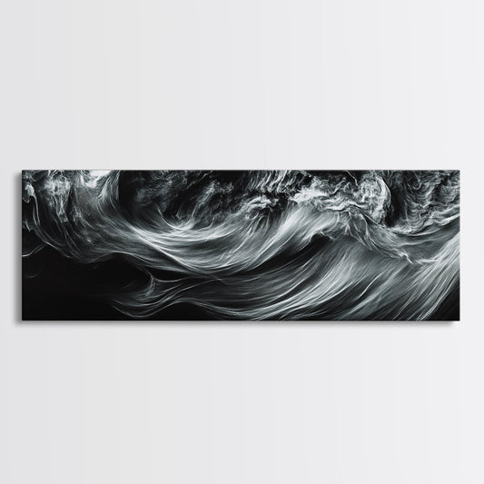 Abstract Ocean Waves, Motion Energy Art, Black and White Fluid Lines, Framed Canvas Print, Modern Wall Art, Minimalist Living Room