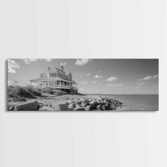 Coastal Cottage, Seaside Escape, Black and White Shoreline, Framed Canvas Print, Minimalist Home Art, Beach House Wall Decor