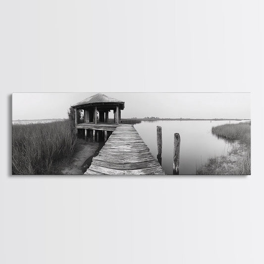 Abandoned Pier, Lakeside Shack, Black and White Marsh, Framed Canvas Print, Rustic Entryway Art, Minimalist Coastal Cabin Decor