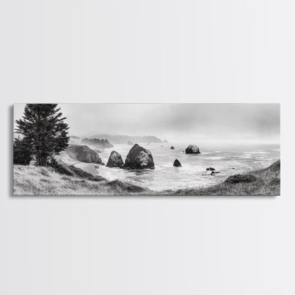 Rocky Coastline Mist, Ocean Cliffs, Foggy Seascape, Moody Decor, Canvas Print, Coastal Wall Art, Nature Photography, Living Room Decor