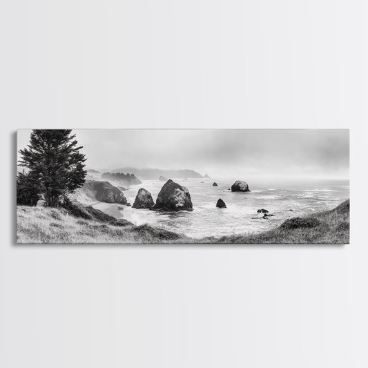 Rocky Coastline Mist, Ocean Cliffs, Foggy Seascape, Moody Decor, Canvas Print, Coastal Wall Art, Nature Photography, Living Room Decor