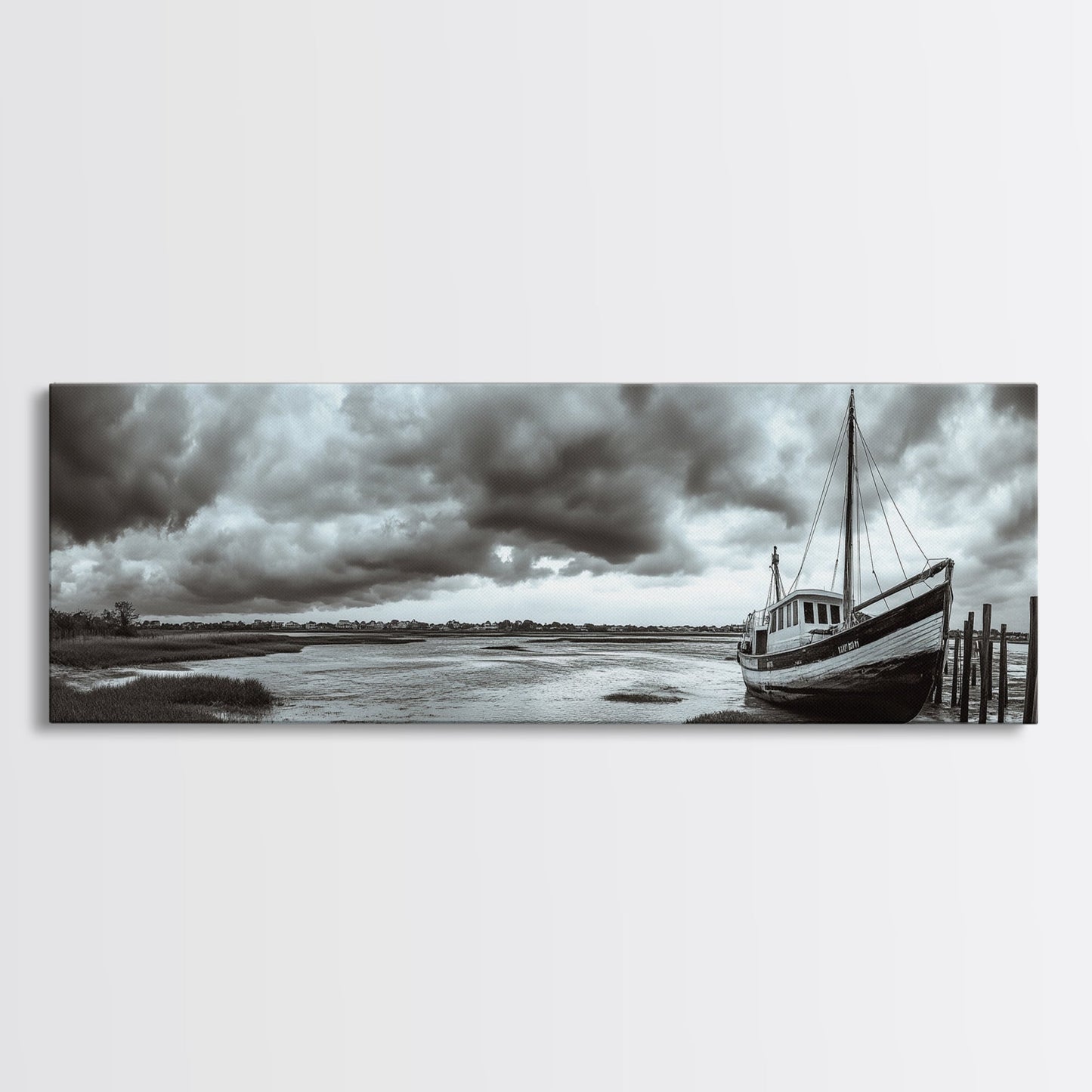 Abandoned Fishing Boat, Coastal Storm Scene, Rustic Nautical Decor, Framed Canvas Print, Beach House Art, Autumn Decor, Moody Wall Print