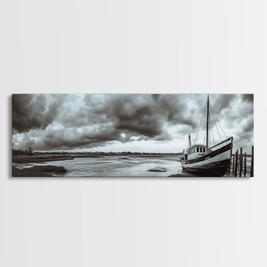 Abandoned Fishing Boat, Coastal Storm Scene, Rustic Nautical Decor, Framed Canvas Print, Beach House Art, Autumn Decor, Moody Wall Print