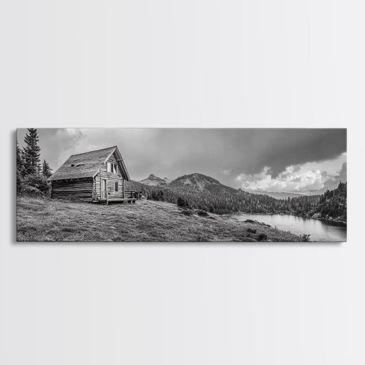 Cabin On Hill, Mountain Lake, Rustic Retreat, Canvas Print, Fall Wall Art, Cozy Home Decor, Adventure Landscape, Nature-Inspired Design