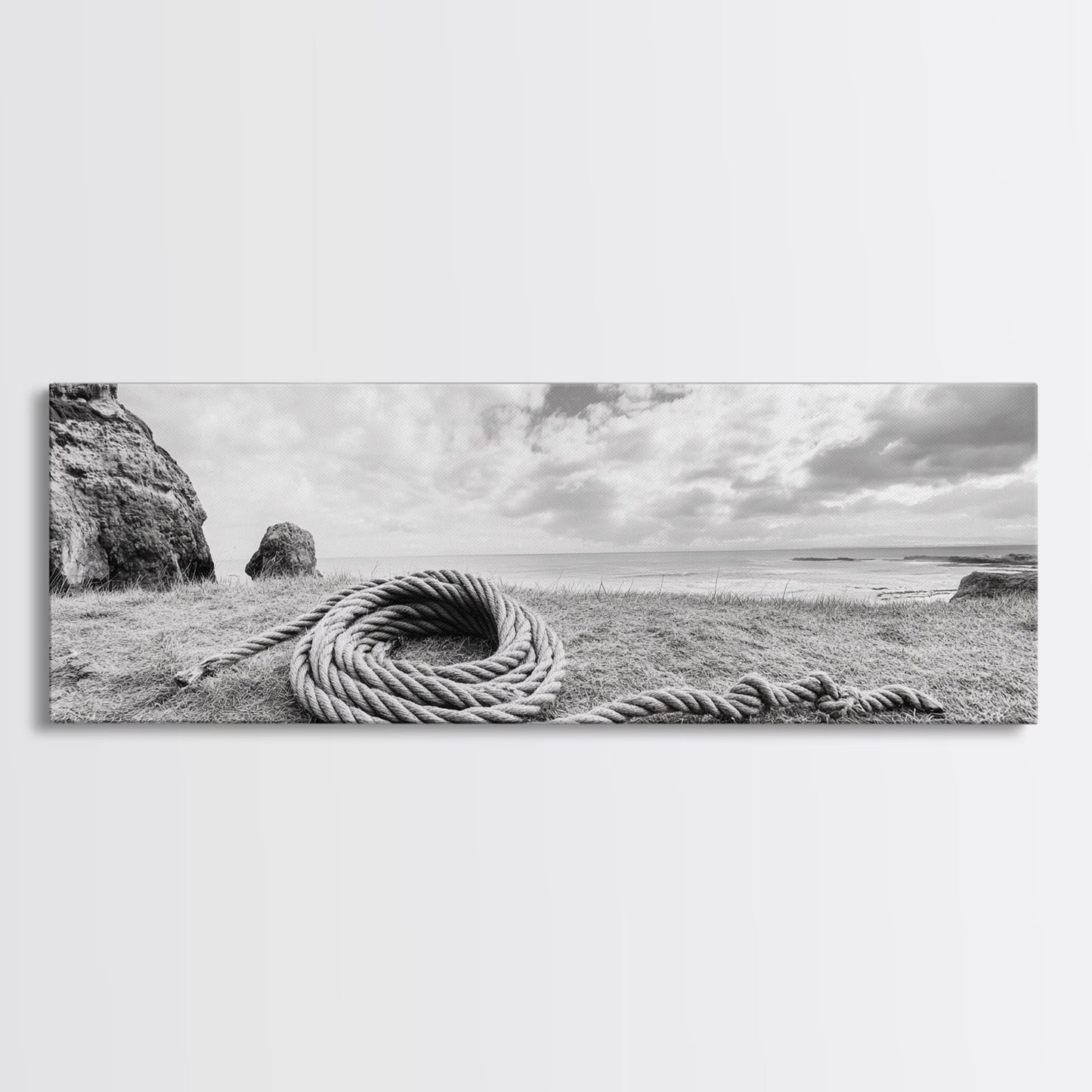 Coastal Rope, Windswept Bluff, Seaside Grass, Framed Canvas Print, Beach House Art, Nautical Decor, Neutral Living Room Style