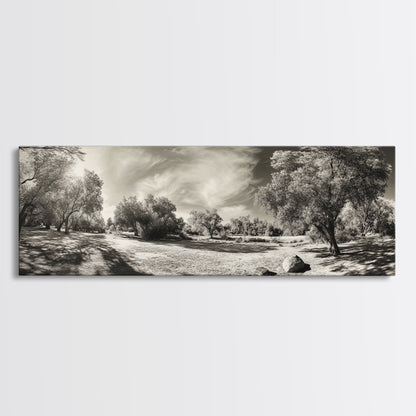 Sunlit Forest Meadow, Golden Light Trees, Canvas Print, Living Room Wall Art, Autumn Nature Decor, Rustic Neutral Wall Art