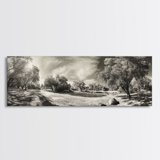Sunlit Forest Meadow, Golden Light Trees, Canvas Print, Living Room Wall Art, Autumn Nature Decor, Rustic Neutral Wall Art