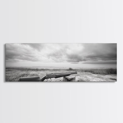 Coastal Rifle Scene, Outdoorsman Decor, Field and Sky Black and White Framed Canvas Print, Autumn Cabin or Lodge Wall Art