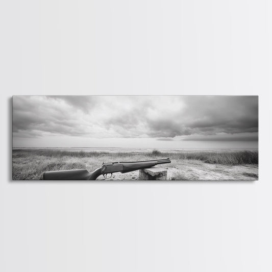 Coastal Rifle Scene, Outdoorsman Decor, Field and Sky Black and White Framed Canvas Print, Autumn Cabin or Lodge Wall Art