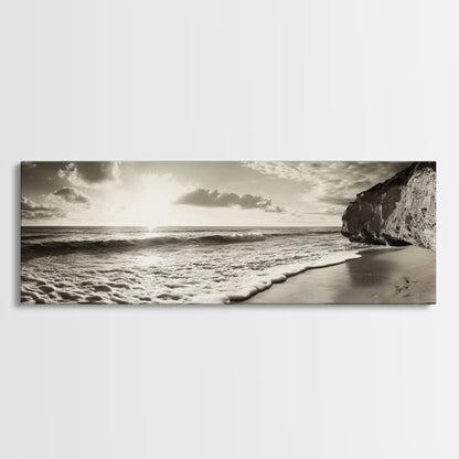 Cliff Coastline, Ocean Sunset, Beach Waves, Framed Canvas Print, seascape wall art, coastal bedroom decor, relaxing nature vibe, neutral art