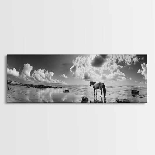 Beach Horse Reflection, Coastal Freedom, Wild Spirit Scene, Framed Canvas Print, Western Bathroom Art, Minimalist Beach House Decor