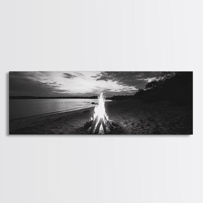 Beach Bonfire, Sunset Glow, Autumn Shoreline, Firelight Sky, Canvas Print, Fall beach decor, cozy wall art, rustic art, lake house style