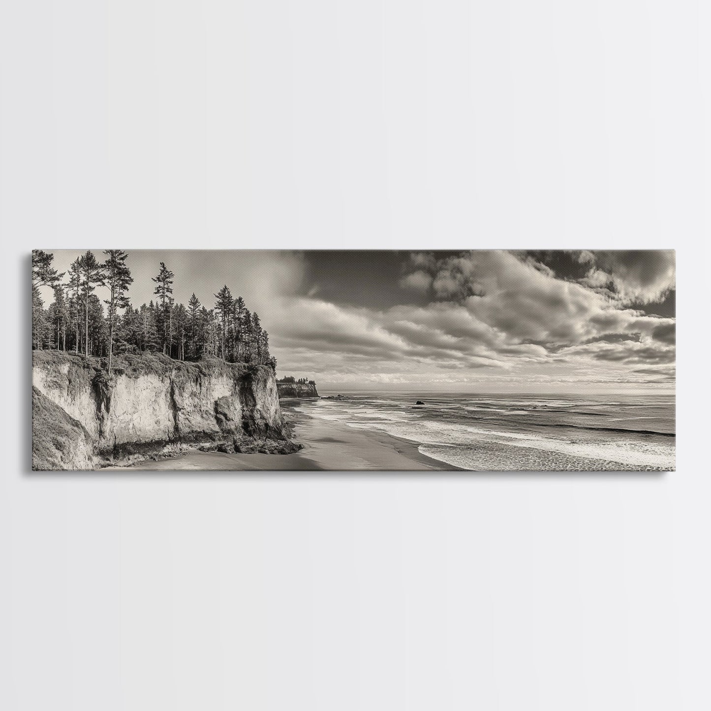 Cliffside Forest, Pacific Coastline, Dramatic Ocean View, Framed Canvas Print, Natural Landscape, Cabin Wall Art, Rustic Coastal Decor