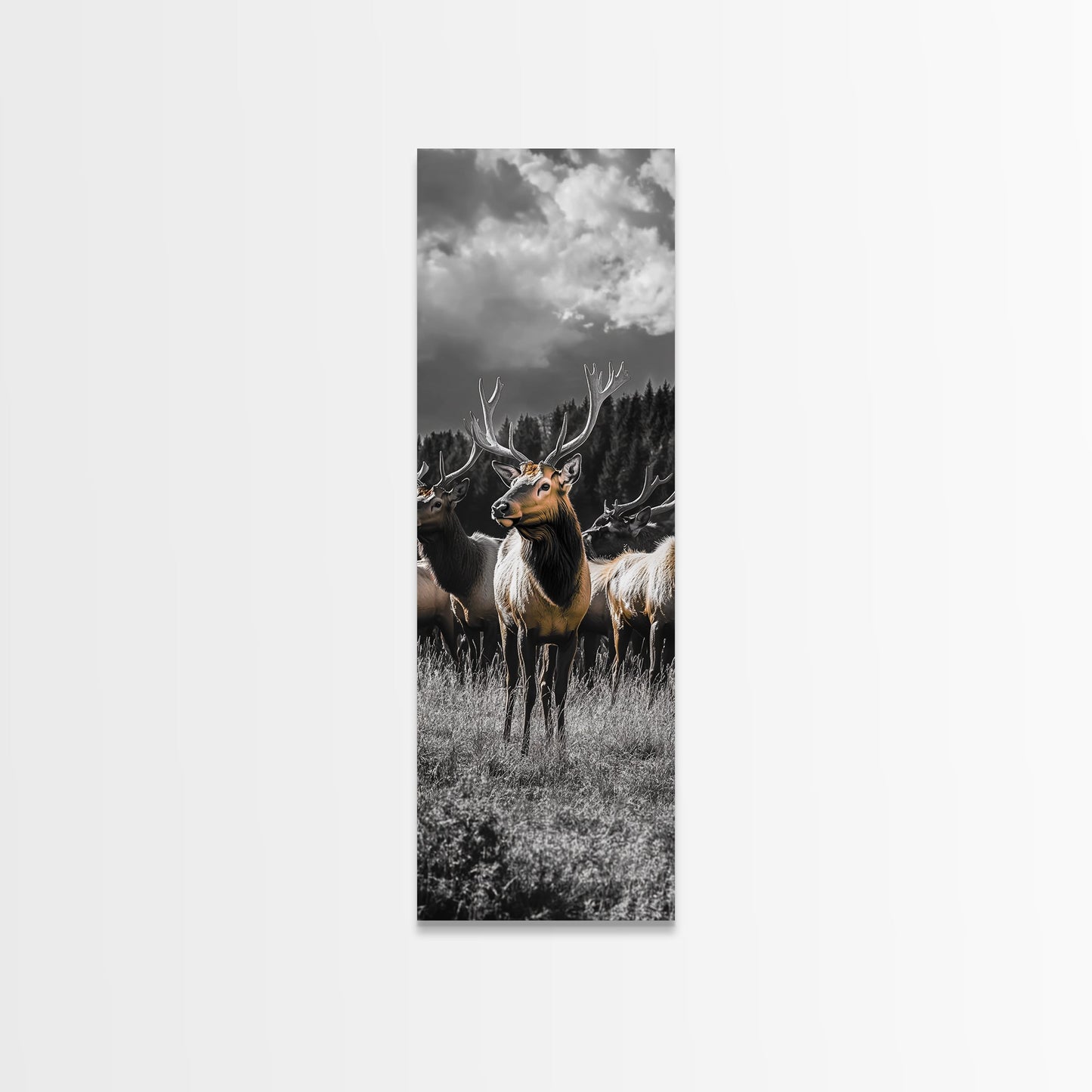 Majestic Elk, Forest Wildlife, Autumn Scene, Nature Herd, Framed Canvas Print, rustic lodge decor, cabin wall art, woodland style