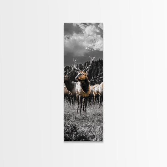 Majestic Elk, Forest Wildlife, Autumn Scene, Nature Herd, Framed Canvas Print, rustic lodge decor, cabin wall art, woodland style