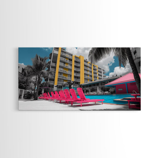 Tropical Poolside, Summer Vibes, Color Pop, Resort Scene, Framed Canvas Print, Modern Tropical Wall Art, Pool Decor, Vacation Aesthetic