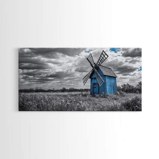 Blue Windmill, Rustic Field, Vintage Vibes, Countryside Charm, Framed Canvas Print, Farmhouse Wall Art, Autumn Rustic Decor, Barn Art
