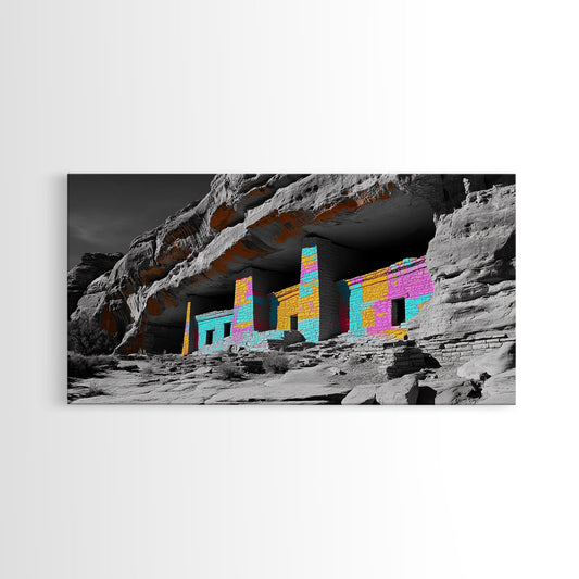 Ancient Cliff Dwellings, Color Block Ruins, Framed Canvas Print, Southwest Wall Decor, Tribal Art Style, Living Room Accent, Bold Colors