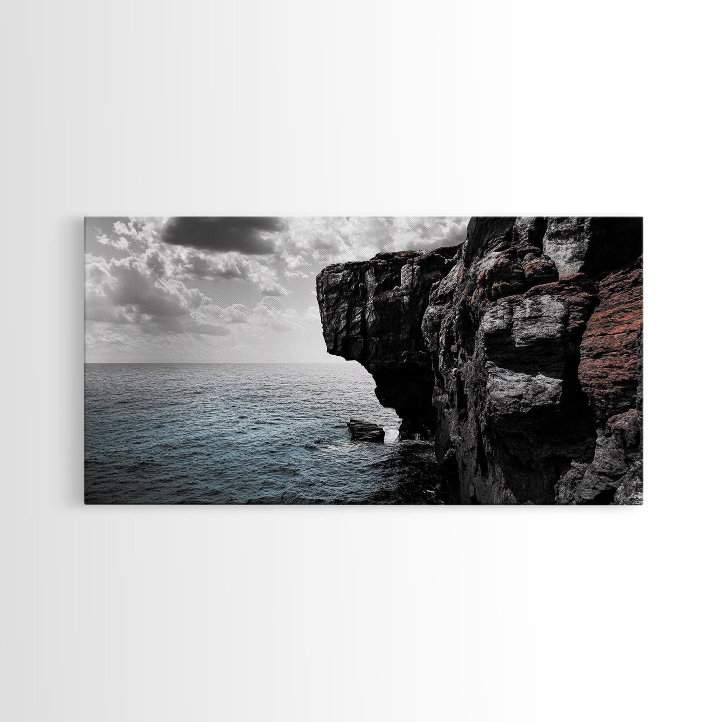 Cliff Edge, Ocean Drop, Moody Seascape, Dramatic Rock Face, Canvas Print modern landscape art, monochrome minimalist decor, bedroom wall art