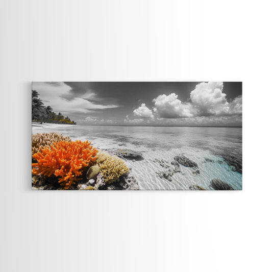 Beach Coral Coast, Oceanfront Nature Scene, Colorful Reef Shoreline, Framed Canvas Print, Coastal Decor, Bathroom Wall Art, Tropical Vibe