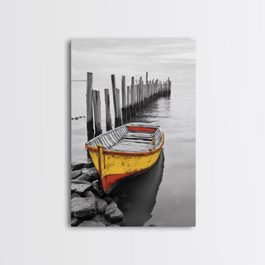 Yellow Rowboat, Coastal Mood, Pier View, Nautical Nostalgia, Framed Canvas Print, Beach House Wall Art, Rustic Seaside Decor
