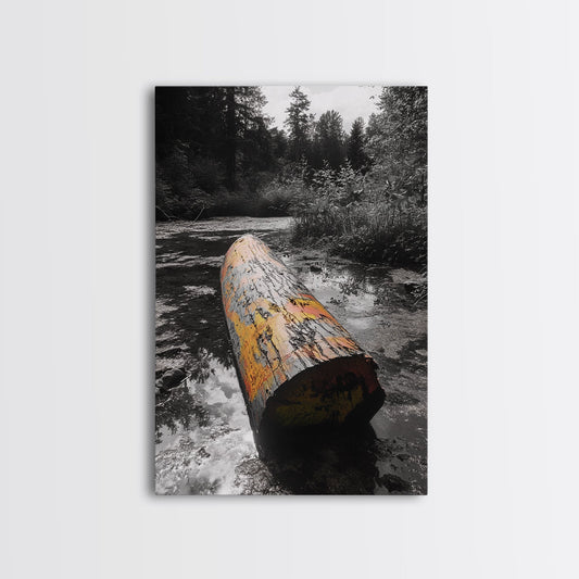 Painted Log, Riverbank Scene, Nature Colors, Forest Stream, Framed Canvas Print, Autumn Wall Art, Boho Rustic Decor, Cabin Living Room Art