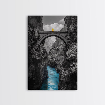 Canyon Bridge, Blue River, Yellow Figure, Framed Canvas Print, Bold Color Photography, Dramatic Landscape, Office Statement Art