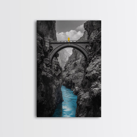 Canyon Bridge, Blue River, Yellow Figure, Framed Canvas Print, Bold Color Photography, Dramatic Landscape, Office Statement Art