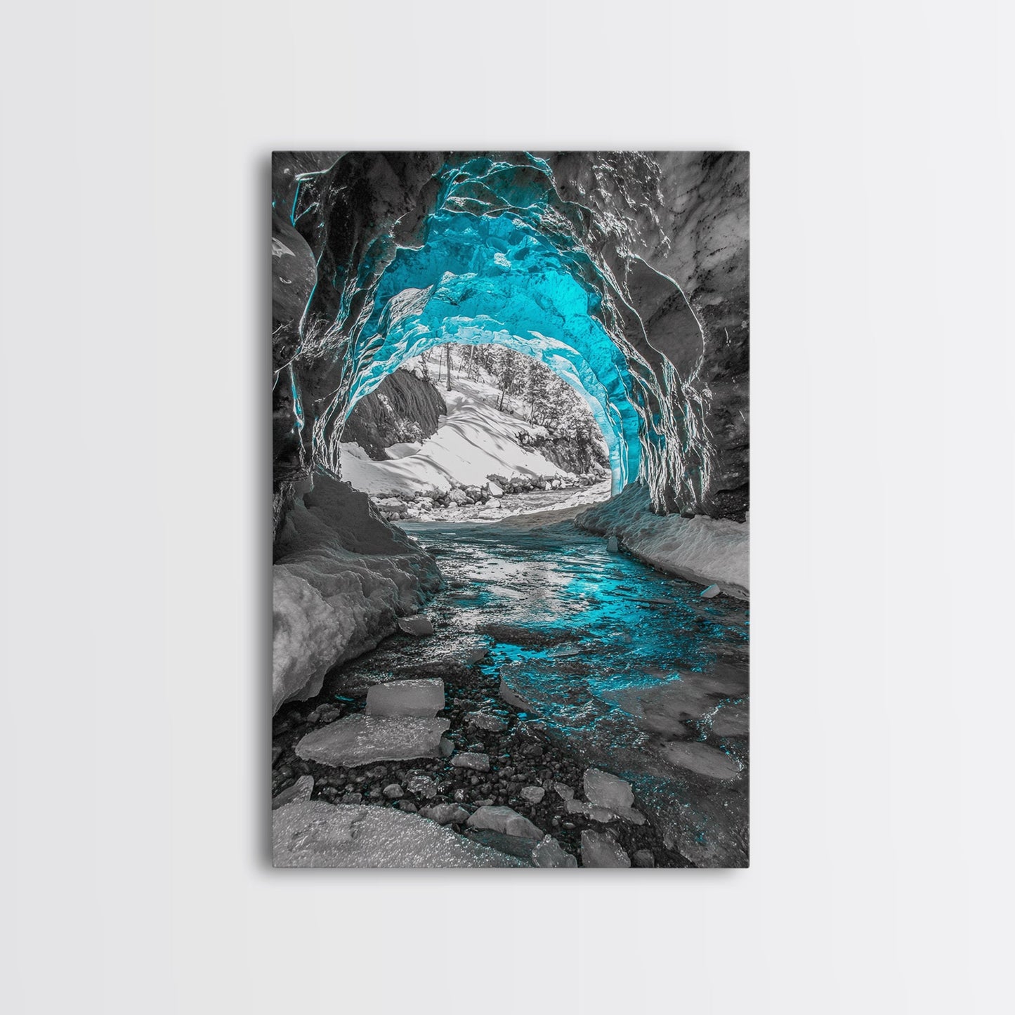 Blue Ice Cave, Winter Tunnel, Arctic Wonderland, Framed Canvas Print, Nature Wall Art, Minimalist Photography, Cool Tone Decor