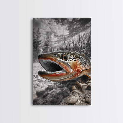 Brown Trout Closeup, Riverbed Focus, Dramatic Fish Art, Framed Canvas Print, Fisherman Gift, Cabin Wall Art, Rustic Outdoor Decor