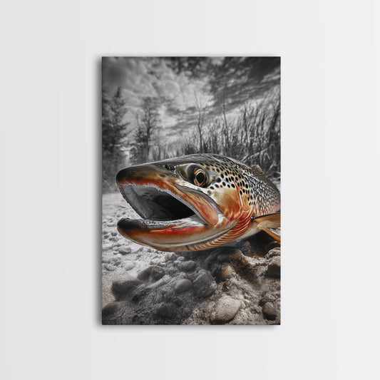 Brown Trout Closeup, Riverbed Focus, Dramatic Fish Art, Framed Canvas Print, Fisherman Gift, Cabin Wall Art, Rustic Outdoor Decor