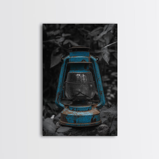 Vintage Lantern Blue, Rustic Outdoor Decor, Weathered Metal, Garden Nostalgia, Framed Canvas Print, boho farmhouse art, entryway wall print