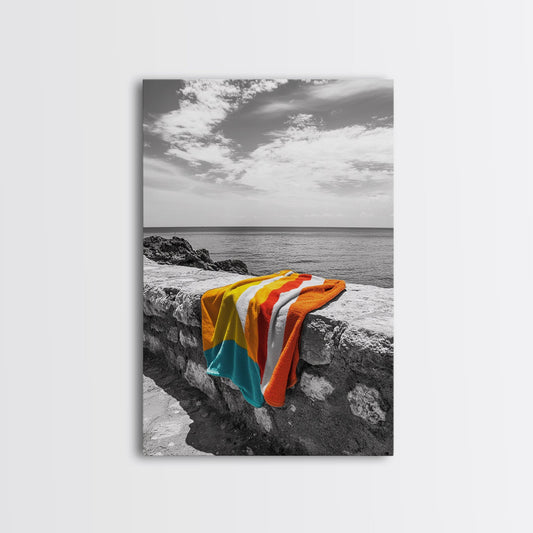 Colorful Towel, Coastal Vibes, Seaside Style, Bold Decor, Framed Canvas Print vibrant beach towel photo, bathroom wall art, summer art