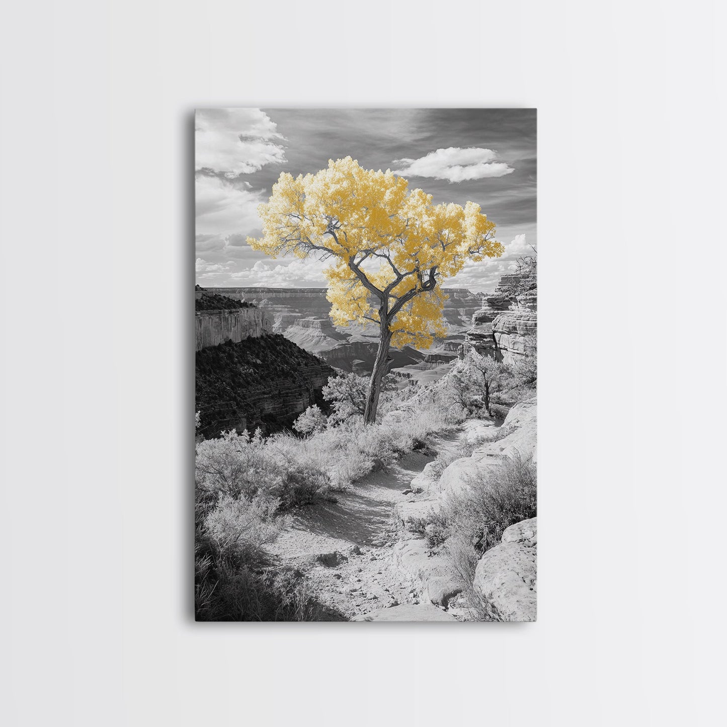 Autumn Canyon Trail, Yellow Tree, Nature Photography, Framed Canvas Print, Fall Wall Decor, Grand Canyon Print, Minimalist Landscape Art