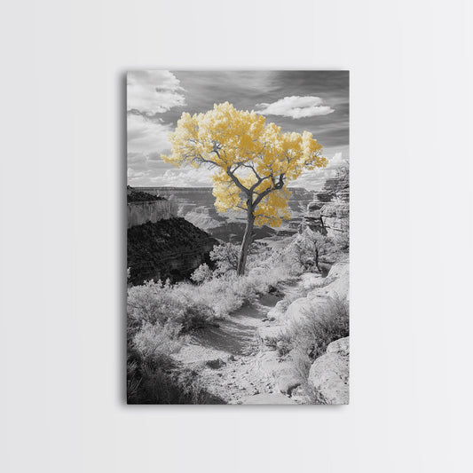 Autumn Canyon Trail, Yellow Tree, Nature Photography, Framed Canvas Print, Fall Wall Decor, Grand Canyon Print, Minimalist Landscape Art