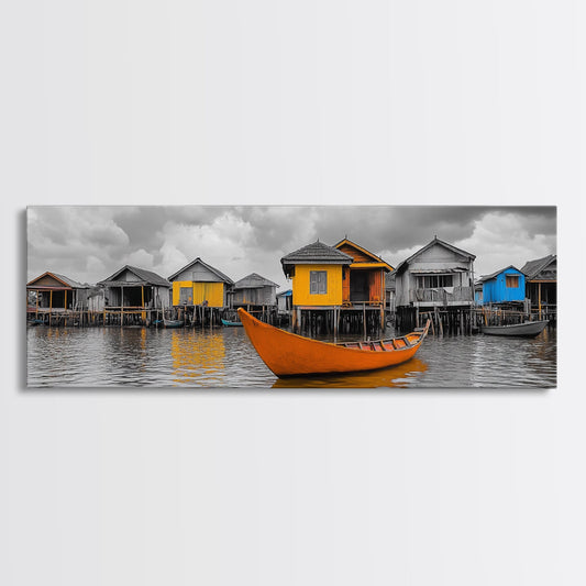 Colorful House Boats, Yellow Stilt Village, Framed Canvas Print, Vibrant Coastal Wall Art, Travel Photography, Living Room Accent Decor