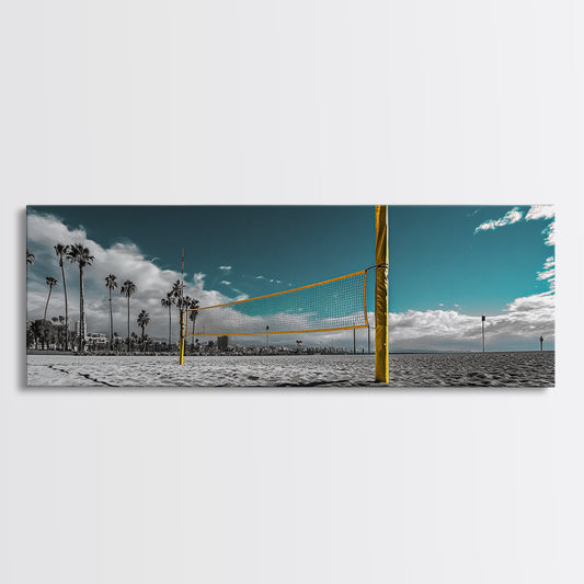 Beach Volleyball, Palm Trees, Summer Sport, Coastal Minimalism, Framed Canvas Print, Rec Room Wall Art, Sporty Vibe Decor