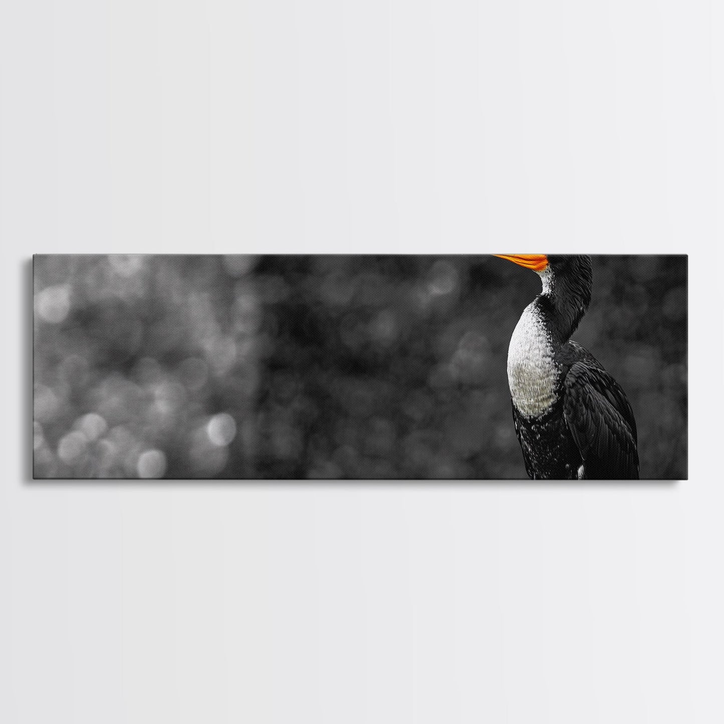 Black White Bird, Orange Beak Detail, Minimal Nature Portrait, Framed Canvas Print, Rustic Wall Art, Study or Cabin Decor