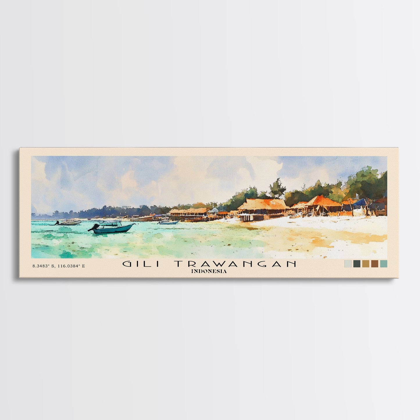 Gili Trawangan, Indonesia Watercolor Beach Print, Vacation Gift, Indonesia Wall Art, Framed Canvas Print, Framed Beach Painting
