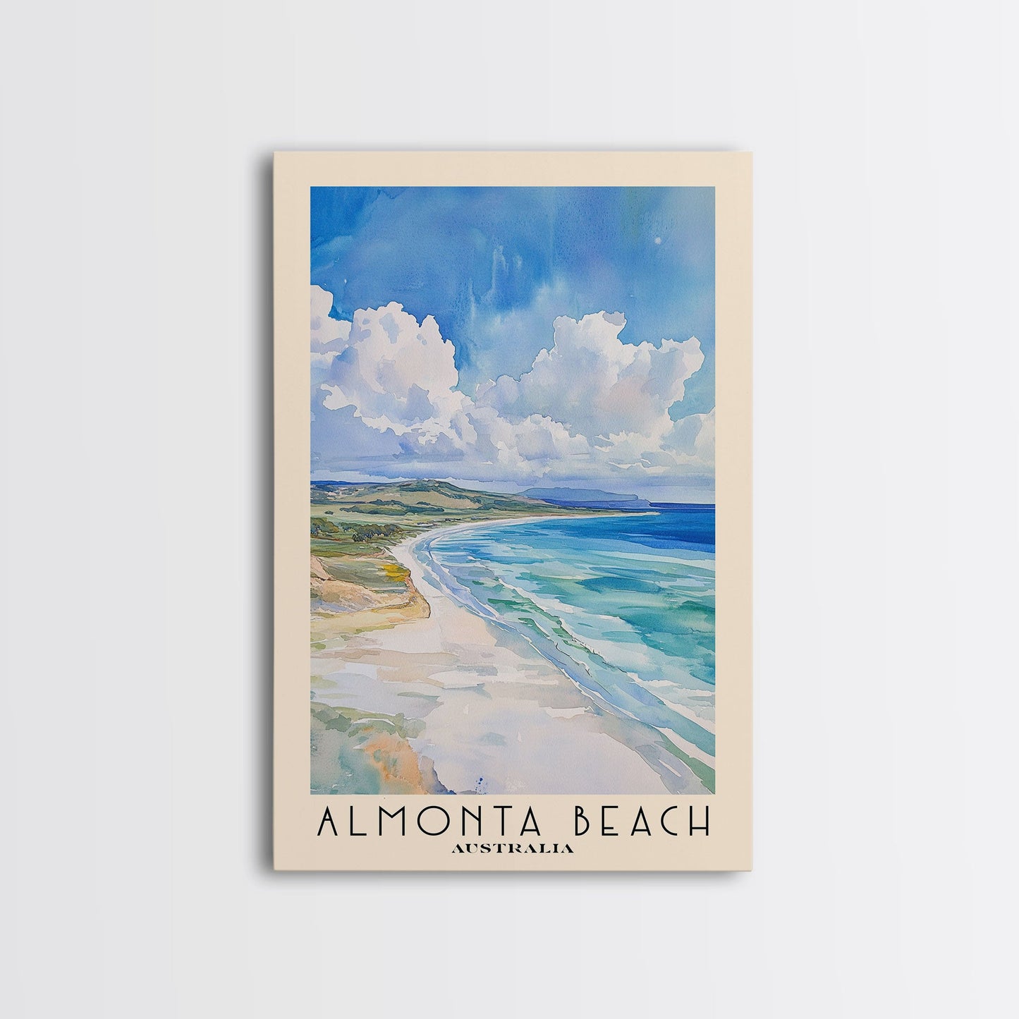 Almonta Beach, Australia Watercolor Beach Print, Vacation Gift, Australia Wall Art, Framed Canvas Print, Framed Beach Painting