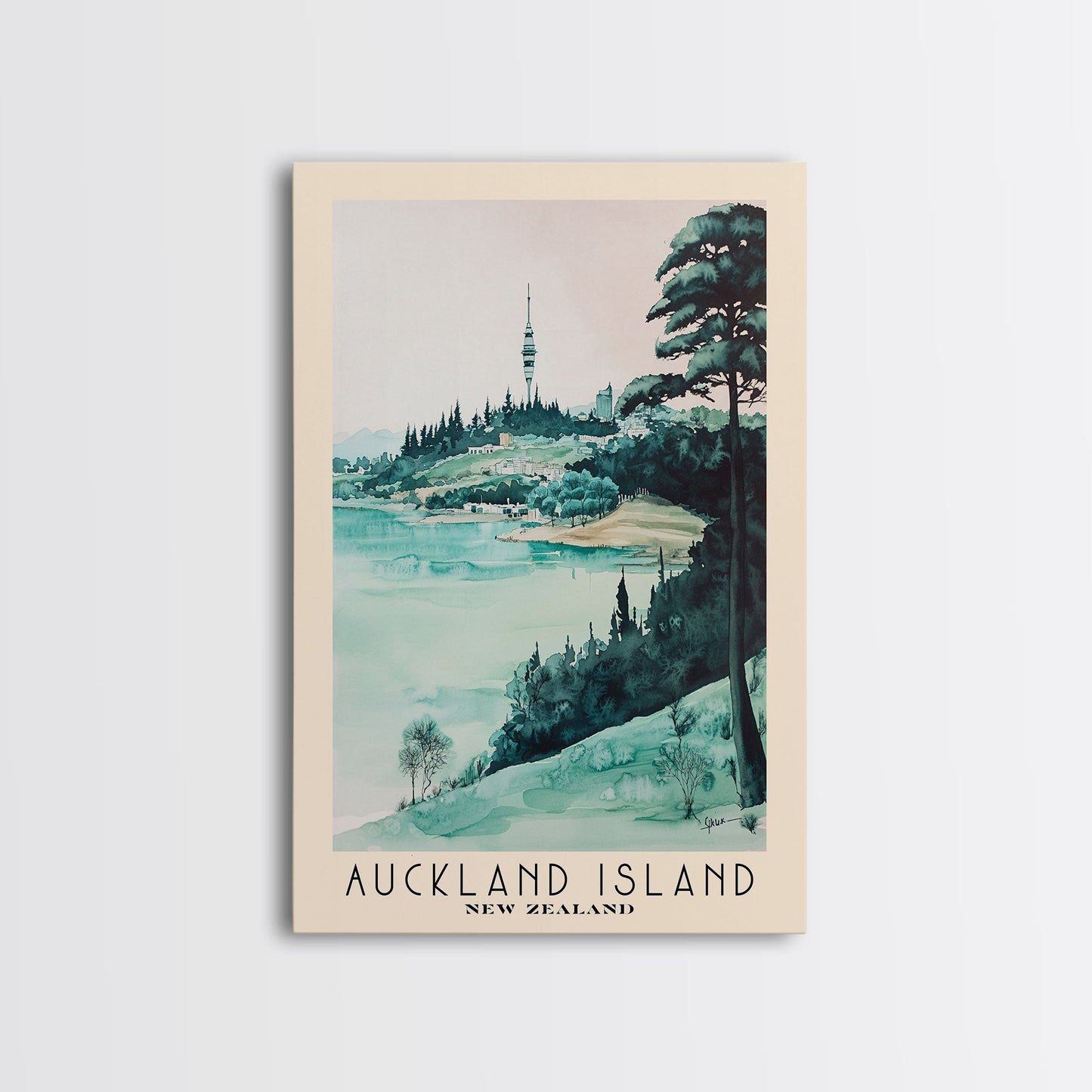 Auckland Island, New Zealand Watercolor Print, Vacation Gift, New Zealand Wall Art, Beach Painting, Beach Decor, Large Wall Art, Wood Frame Art