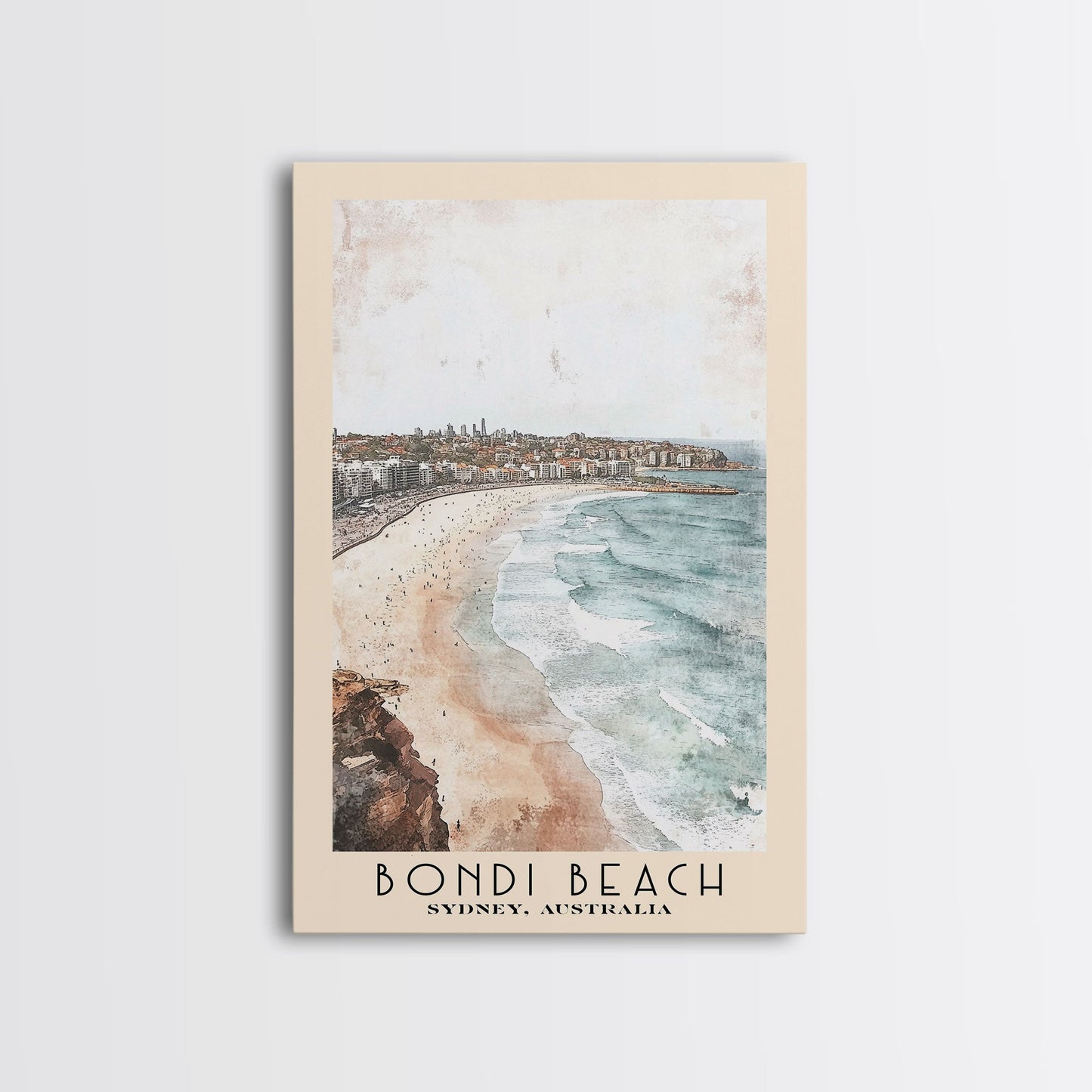 Bondi Beach, Sydney, Australia Watercolor Print, Vacation Gift, Sydney, Australia Wall Art, Beach Painting, Beach Decor, Large Wall Art, Wood Frame Art