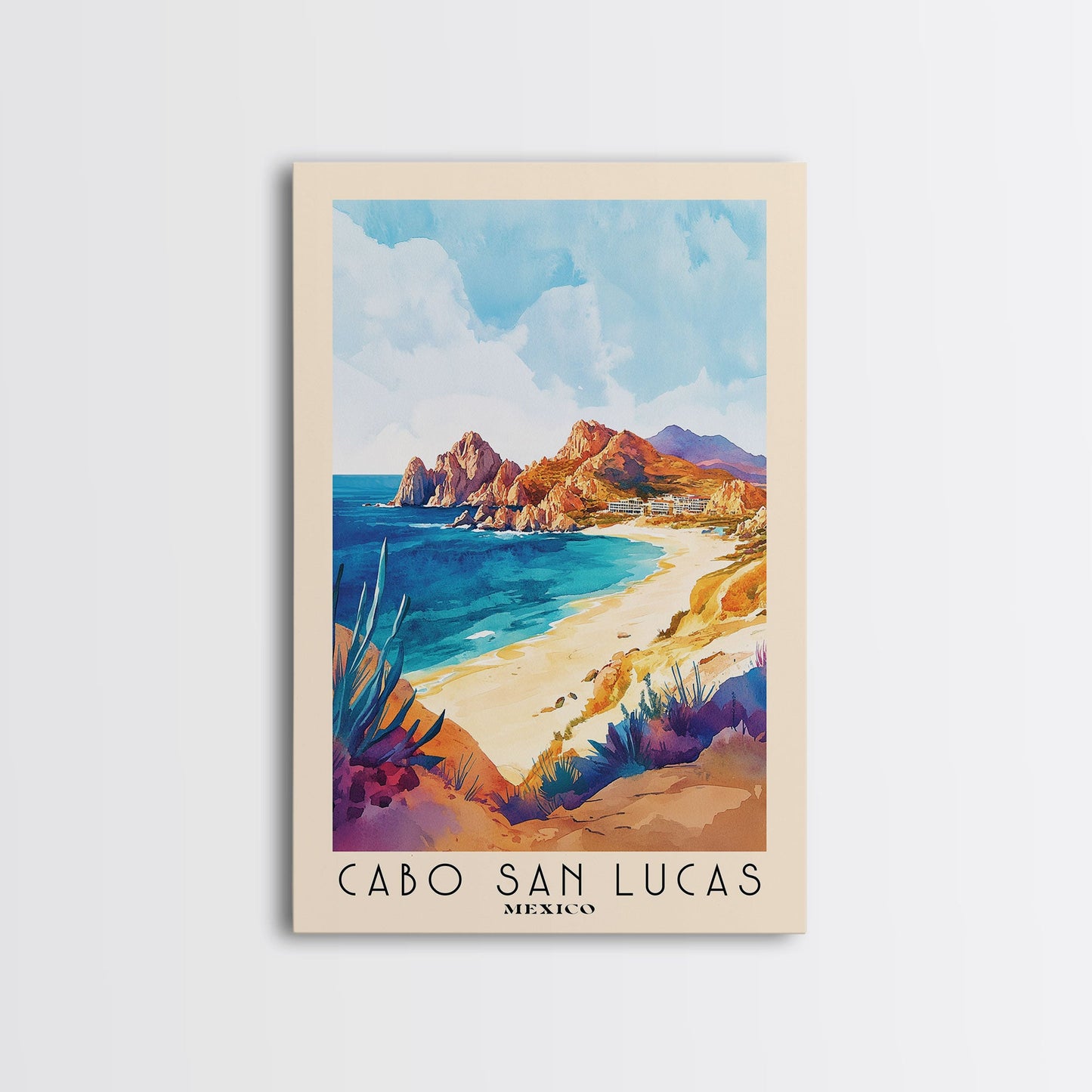 Cabo San Lucas, Mexico Watercolor Print, Vacation Gift, Mexico Wall Art, Beach Painting, Beach Decor, Large Wall Art, Wood Frame Art