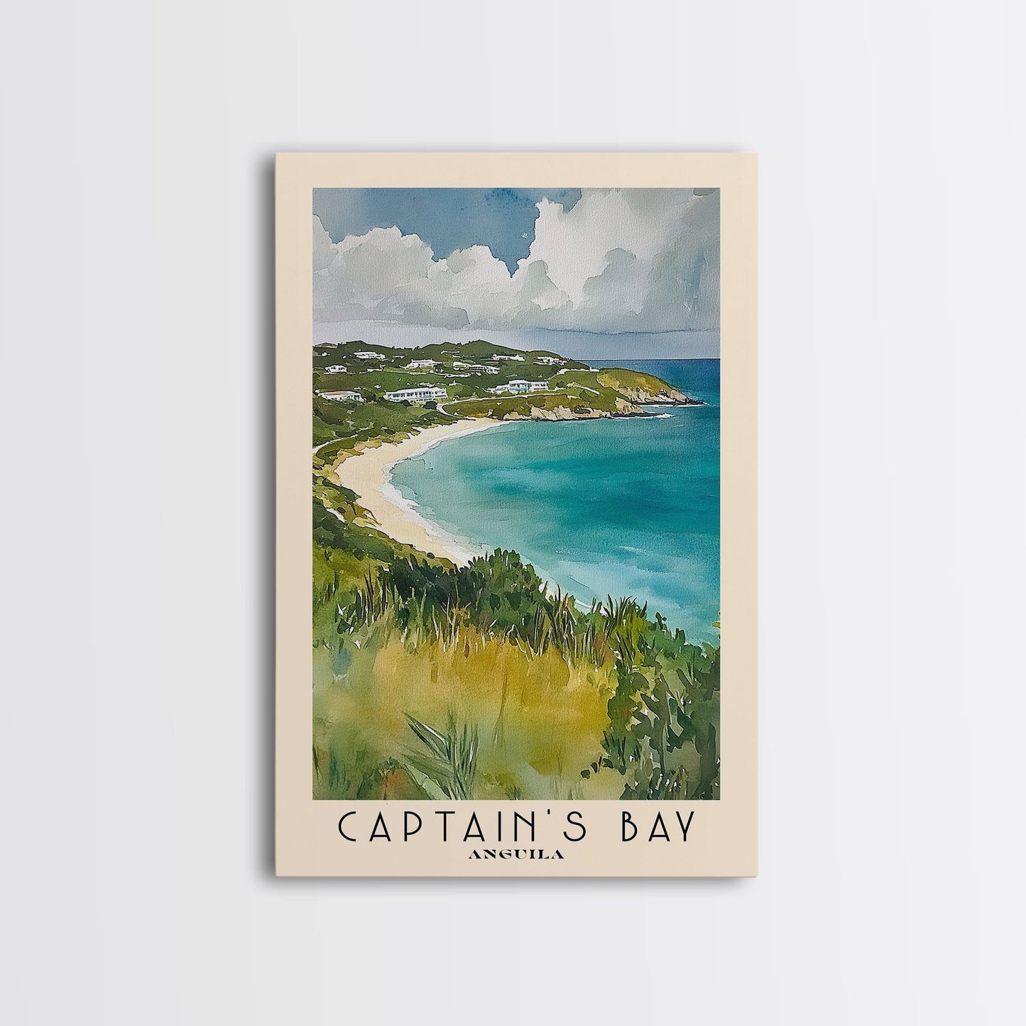 Captain's Bay, Anguila Watercolor Print, Vacation Gift, Anguila Wall Art, Beach Painting, Beach Decor, Large Wall Art, Wood Frame Art