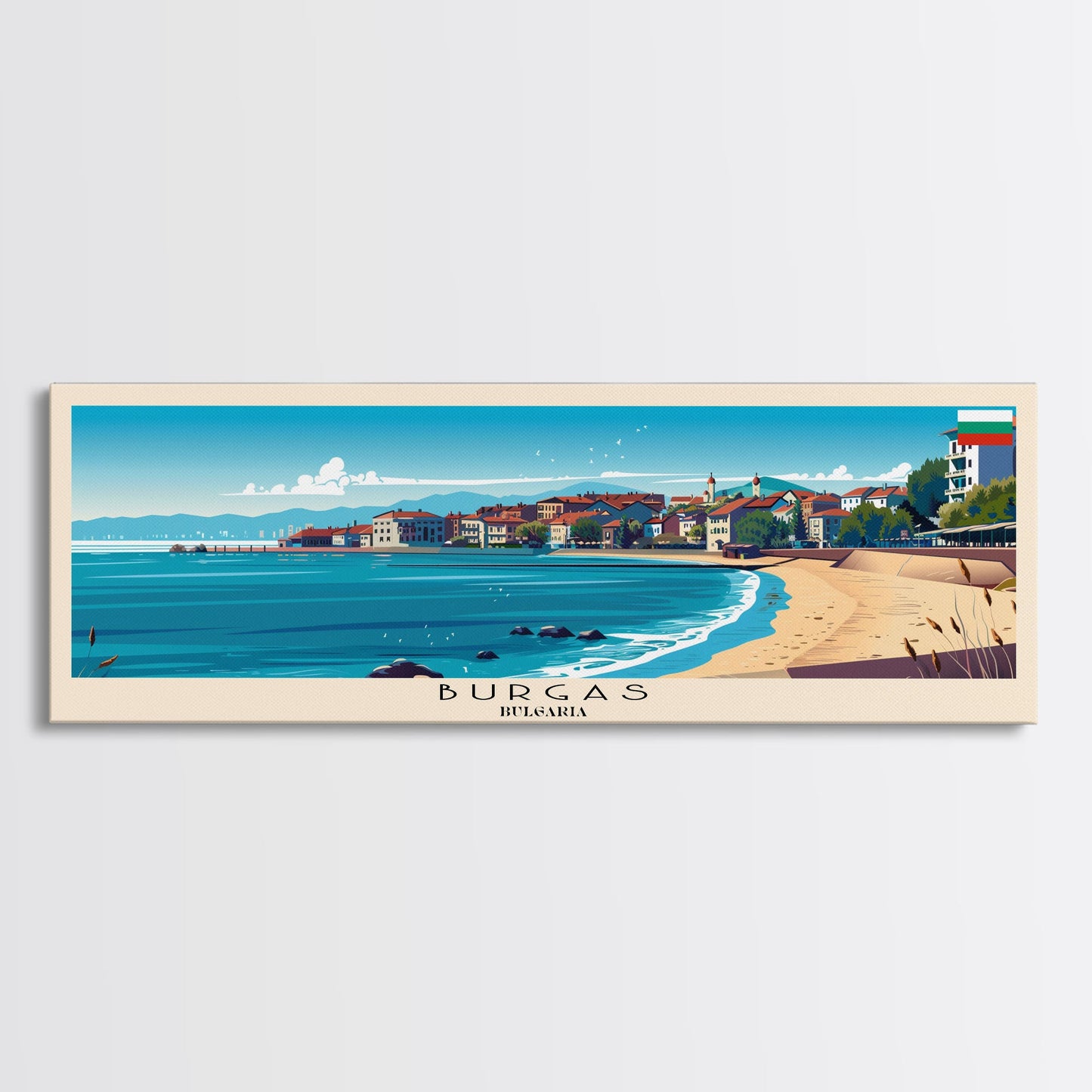 Burgas Bulgaria Panoramic Travel Poster, Framed Canvas Print or Metal Wall Art, Travel Art, Home Decor, Panoramic Painting, Midcentury Art