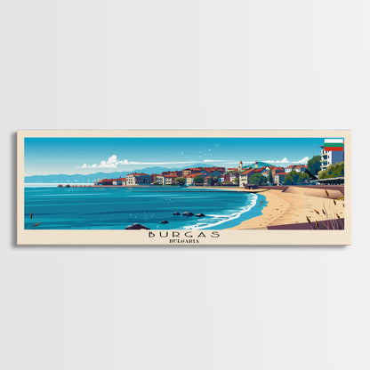 Burgas Bulgaria Panoramic Travel Poster, Framed Canvas Print or Metal Wall Art, Travel Art, Home Decor, Panoramic Painting, Midcentury Art