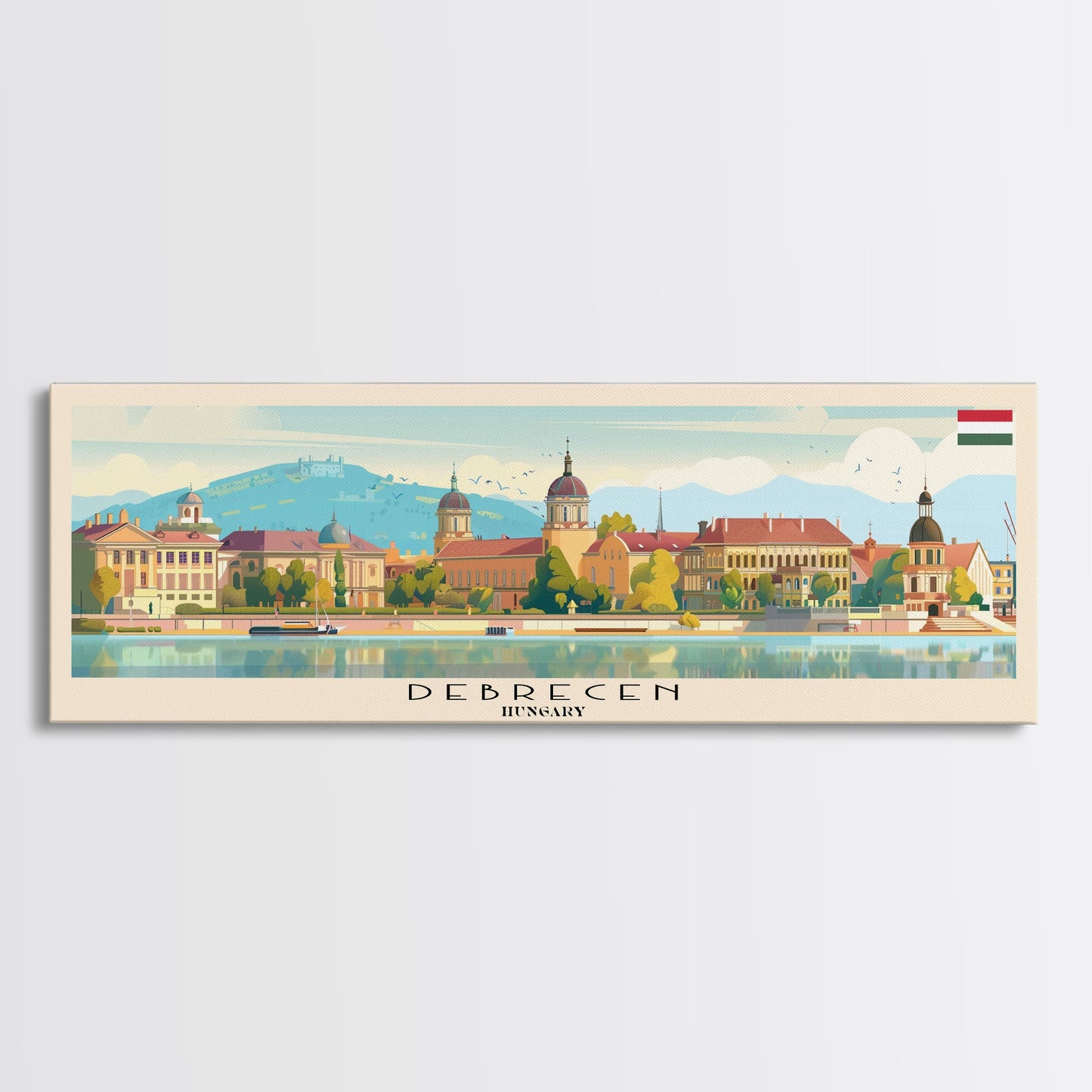 Debrecen Hungary Panoramic Travel Poster, Framed Canvas Print or Metal Wall Art, Travel Art, Home Decor, Panoramic Painting, Midcentury Art