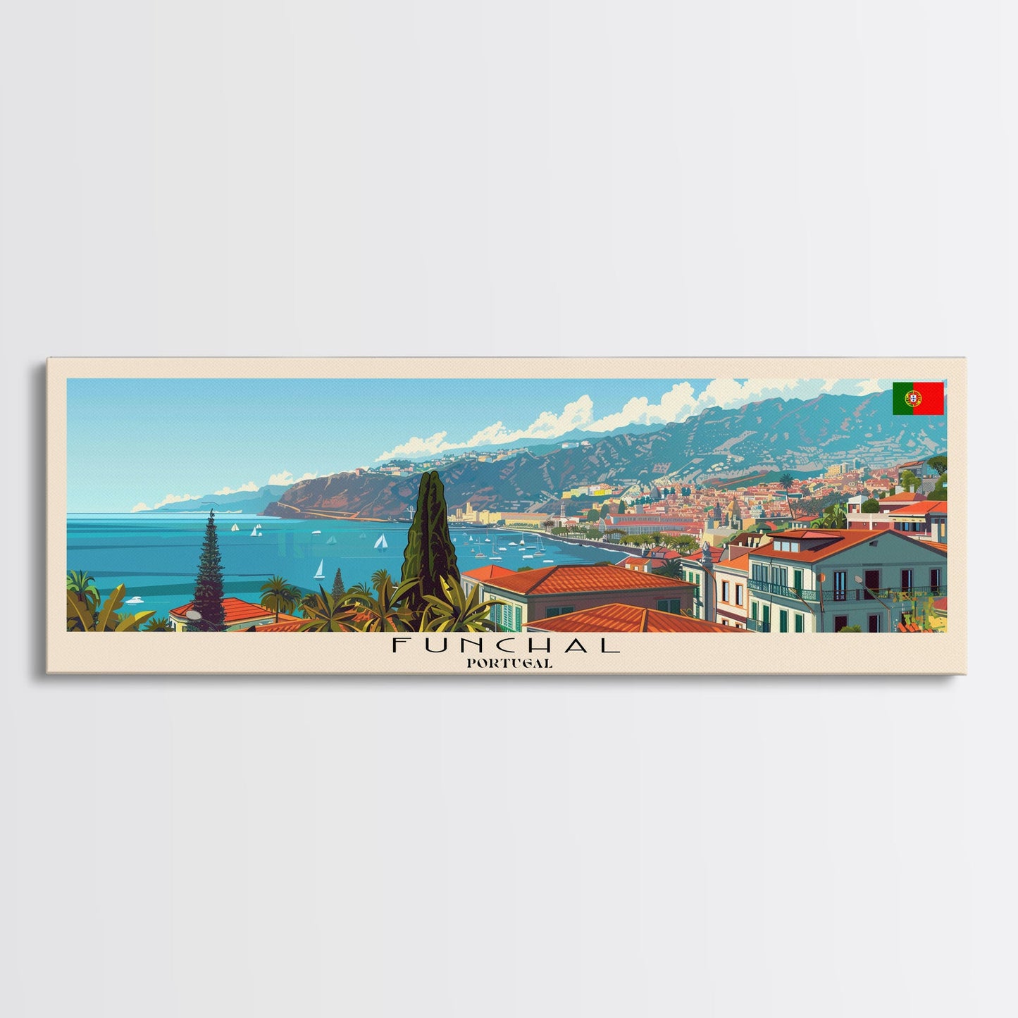 Funchal Portugal Travel Print Wall Art, Panoramic City Art, Travel Art, Wall Decor, Vacation Gift, Framed Canvas Print Or Metal Art